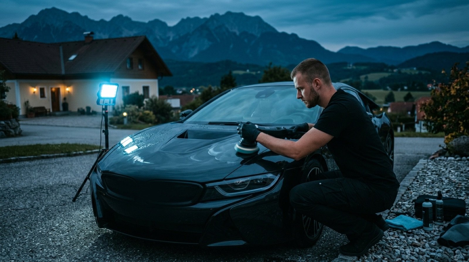 Fahrzeugpolitur bei Dämmerung vor Kärntner Bergkulisse — WohlFahrt Mobile Car Cleaning bei der Arbeit