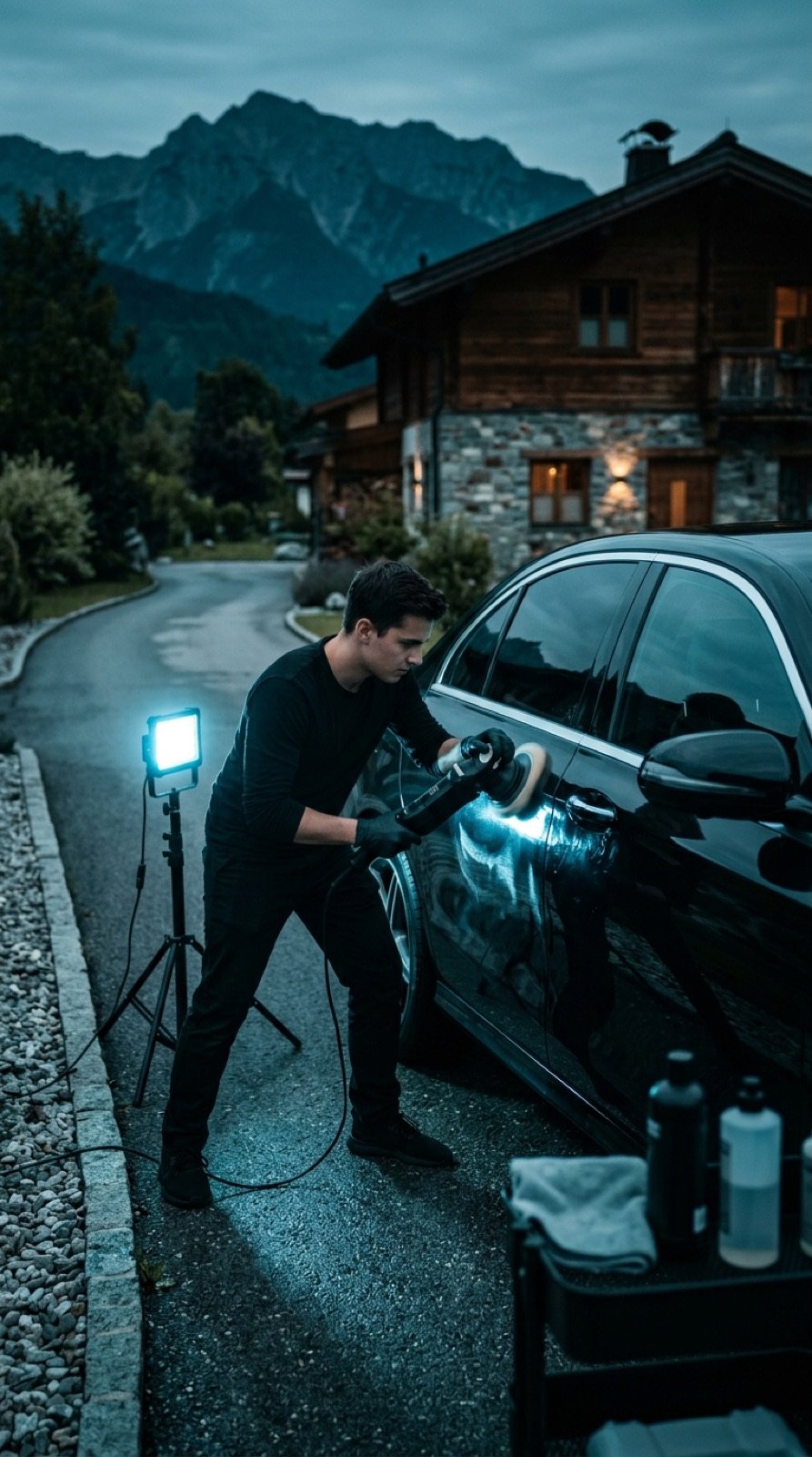 WohlFahrt-Detailer poliert Fahrzeugseite bei Dämmerung mit LED-Arbeitslicht