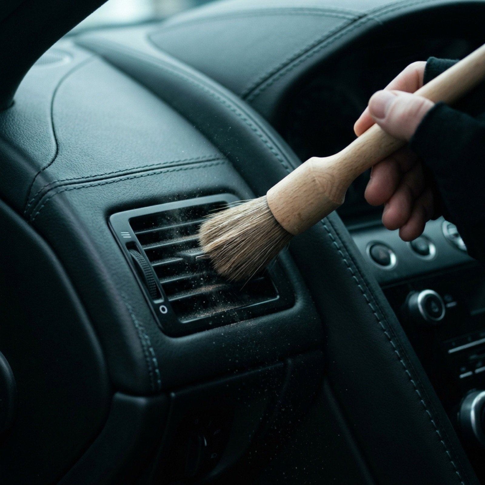 Detailreinigung eines Lüftungsgitters mit weichem Pinsel im Premium-Interieur