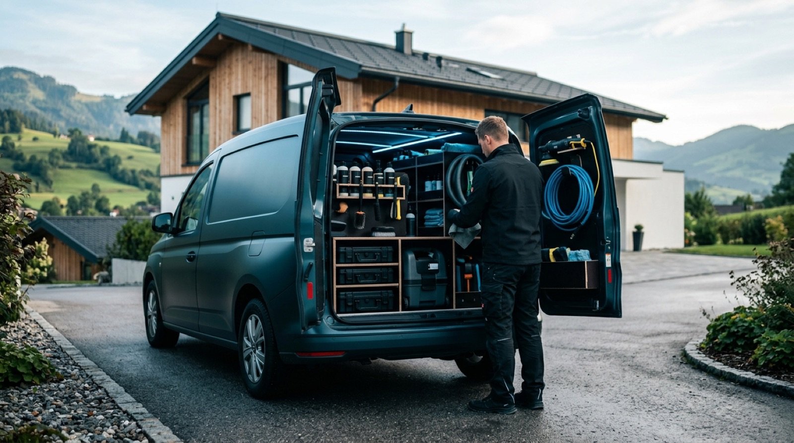 Servicefahrzeug mit komplett ausgestattetem Detailing-Equipment vor Kärntner Einfamilienhaus