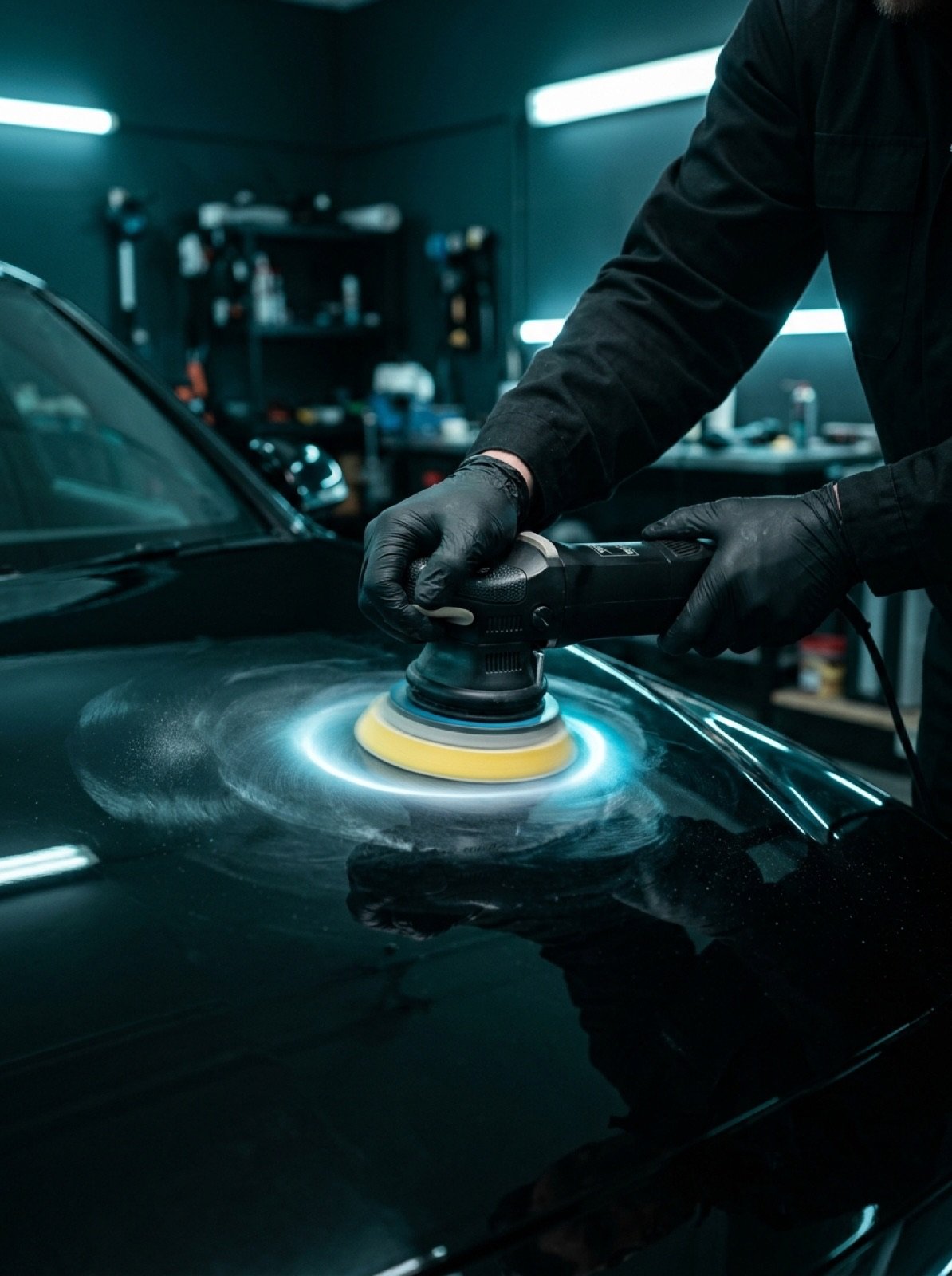 Maschinenpolitur auf dunkler Motorhaube mit kühlem Lichtkegel — Politur-Handwerk von WohlFahrt